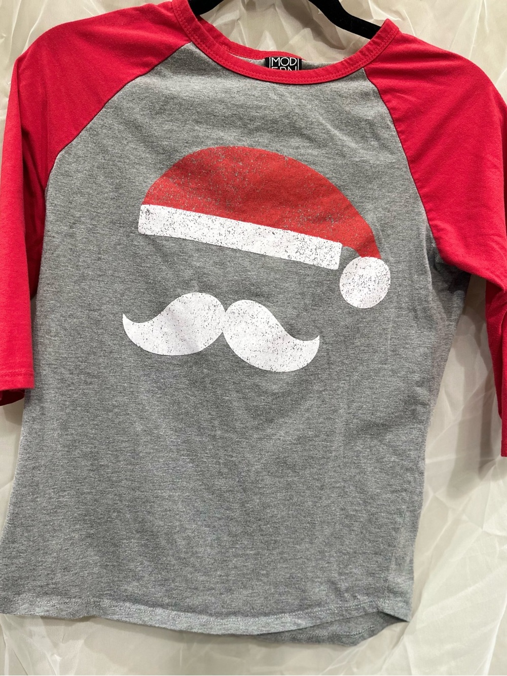 Raglan Sleeve Kids Santa Mustache 3/4 Sleeve Shirt - Gray & Red